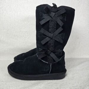 Koolaburra By Ugg Victoria Girls Size 3 Black Suede Fur Lined With Bows #1090330